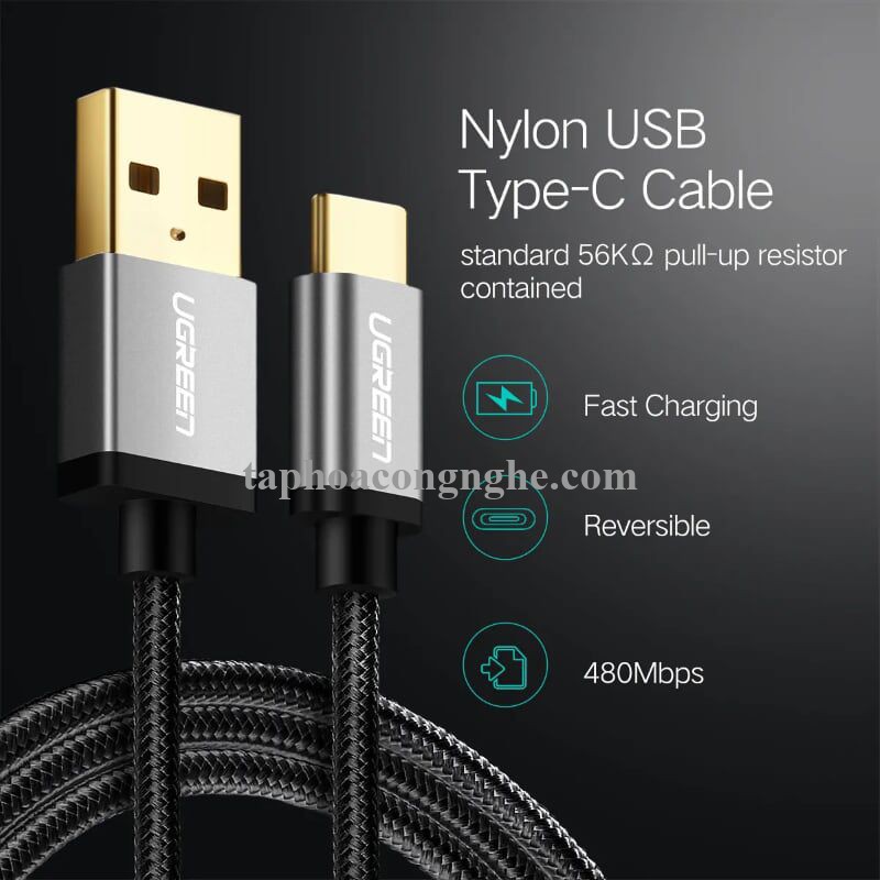 Ugreen 30883 3M 3A Màu Đen Cáp USB TypeC sang USB 2.0 Hỗ trợ sạc nhanh dây bên Nylon US174 30030883